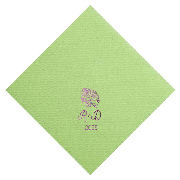 ForYourParty's chic Pistachio Luncheon Napkin with Shiny Amethyst Foil has a Palm Leaf graphic and is good for use in Organic, Floral, Trendy themed parties and will add that special attention to detail that cannot be overlooked.