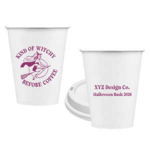 Serve a spooky brew in our Kind Of Witchy Cup. The devilish design features a broom riding witch with customizable text. Sure to make splash at your event or business!