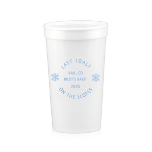 Celebrate good times with the Last Toast on the Slopes Stadium Cup. The durable and trendy cup comes in a variety of colors with customizable text to help express your unique taste. Perfect for winter bachelor &bachelorettes parties, holiday events or other festive function.
