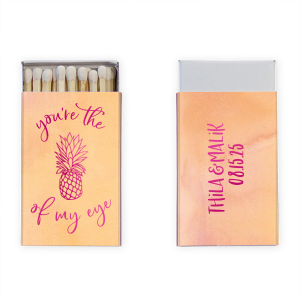 Our beautiful custom Watercolor Sunrise Classic Matchbox with Shiny Fuchsia Foil has a Pineapple Tiki graphic and is good for use in Food, Beach/Nautical themed parties and will make your guests swoon. Personalize your party's theme today.
