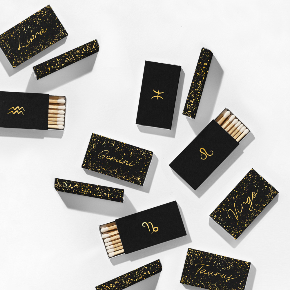 All Zodiac signs classic style matchbox with shiny gold imprint on natural black paper