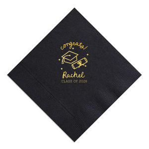 Celebrate the graduate's success with the Scripted Cap & Diploma Grad Napkin, elegantly personalized with the graduate's name and year in a handwritten script font. Featuring a classic graduation cap and diploma graphic, it's a sophisticated touch for any graduation festivity.