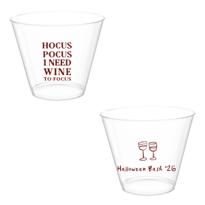 The Hocus Pocus Focus Cup is the ideal custom Halloween party accessory.  Featuring the phrase "hocus pocus I need candy to focus" and a modern and minimal graphic of wine glasses, you can personalize with your name, and the year. This chic Halloween accessory will be a hit at your autumnal events. 