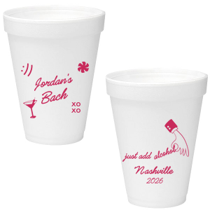 Add a splash of fun to the festivities with the Sassy Spirits Bachelorette Cup, personalized with the bride-to-be's name in script, and adorned with playful symbols like "XOXO," a martini glass, and a smiley face. The flip side's "Just add alcohol" mantra and hand line drawing, customizable with your party's location and date, promise a night of merriment and memories.
