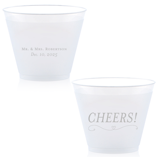 Personalized Silver Ink 16 oz Frost Flex Cup with Silver Ink Cup Ink Colors has a Simple Heart Flourish graphic and is good for use in Heart, Wedding themed parties and will give your party the personalized touch every host desires.