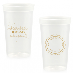 ForYourParty's personalized Clear 16 oz Stadium Cup with Gold Ink Cup Ink Colors has a Sip Sip Hooray graphic and a Badge Frame 2 graphic and is good for use in Frames themed parties and will make your guests swoon. Personalize your party's theme today.