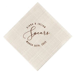 Showcase unity with the Fancy Script Name Frame Wedding Napkin, where the couple's new surname flourishes in script, encircled by their first names and event date. A symbol of togetherness, it's ideal for adding elegance to your wedding reception.
