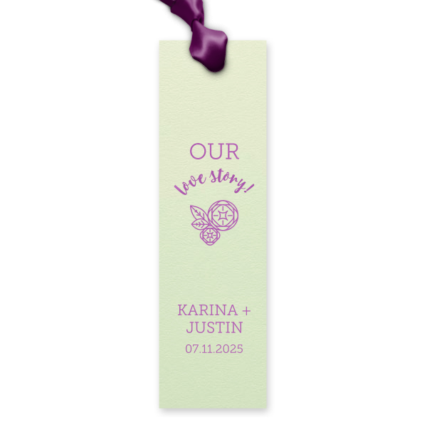 Share your love story beyond the wedding with custom bookmarks. Personalized party favors for the bride and groom who love to read, just add your names and date to our Peony design. Keep our Mint paper and Plum foil or choose your own theme colors. 
