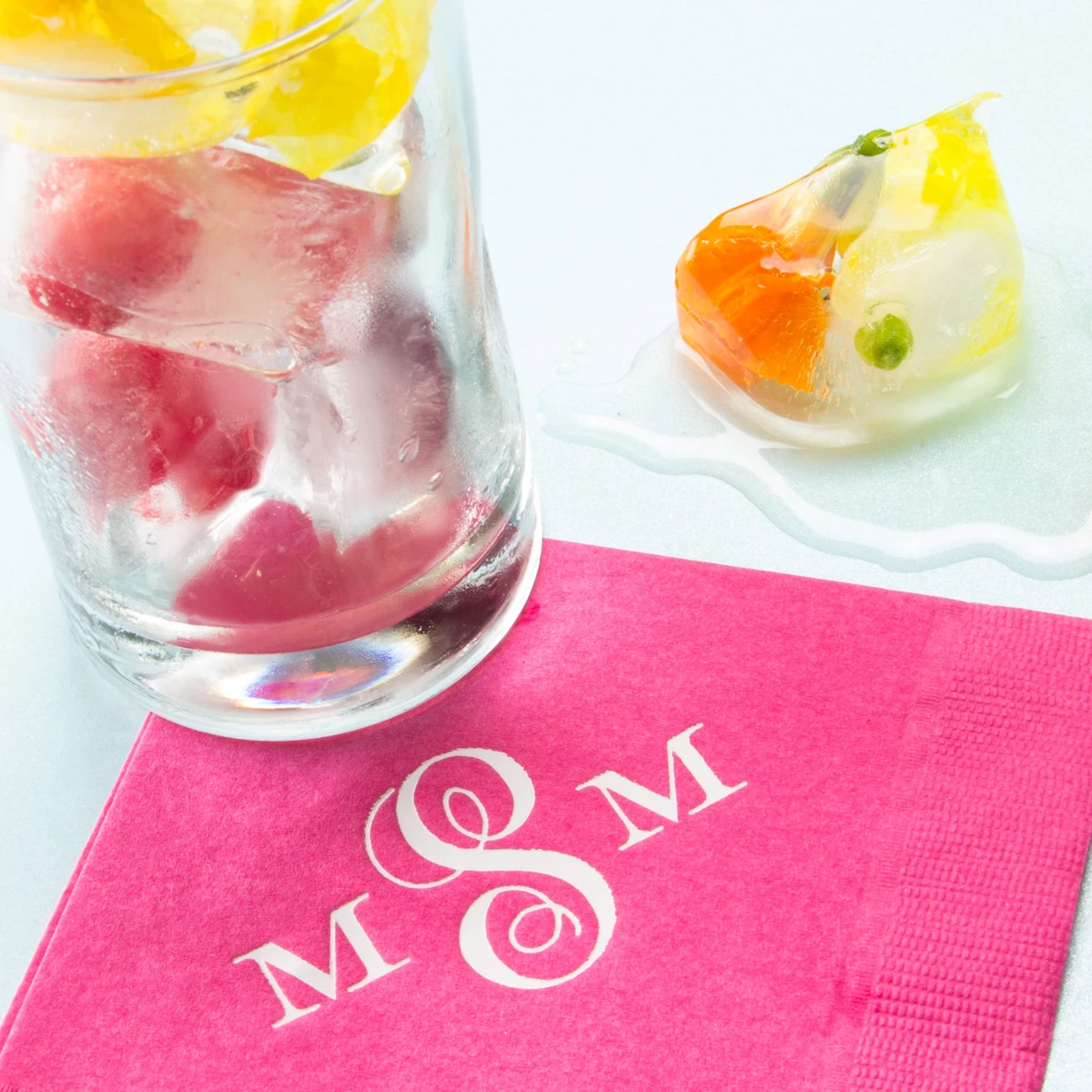 Fruit in ice for cocktails with Personalized Cocktail Napkin