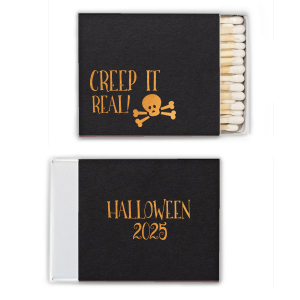 Keep the spirit alive with the Creep it Real Skull Matchbox. Featuring a lively skull and crossbones with the cheeky phrase “Creep it Real," it's perfect for adding intrigue. The reverse reads "Halloween," with space for adding your own personal touch to your eerie festivities! 