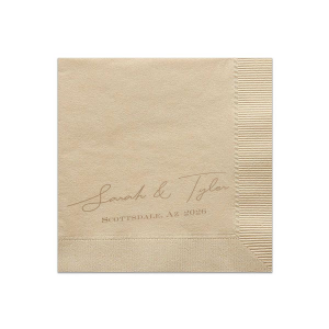 Celebrate your wedding with the Nuptial Namesake Locale Napkin, customized with the couple's names and the cherished site of the ceremony. A refined choice that adds a personal touch to your matrimonial table setting.