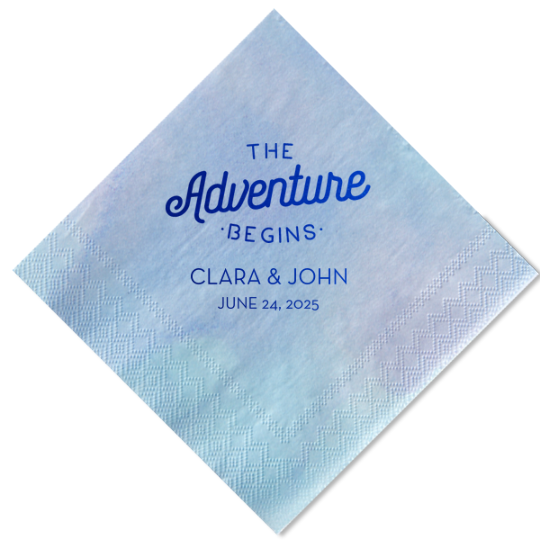 Our beautiful custom White Quick Ink Printed Cocktail Napkin with Matte Teal Ink Digital Print Colors has a The Adventure Begins graphic and is good for use in Wedding, Anniversary themed parties and can't be beat. Showcase your style in every detail of your party's theme!