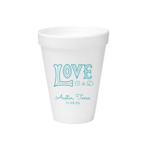 Customize this cup for themed wedding barware your guests will enjoy. Featuring our Love word art, add the bride and groom's initials, wedding location and date for a personal touch. Perfect for a casual or outdoor reception, these foam cups can hold either hot or cold drinks. 