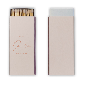 Celebrate your love with a spark of style using the Boho Terracotta Elegant Wedding Matchbook from the chic and moody fall wedding collection. The word "The" introduces your union in a distinguished serif font, leading to your shared last name in a flowing script. Complete this personalized piece with your wedding date, all set against the backdrop of warm, earthy tones.