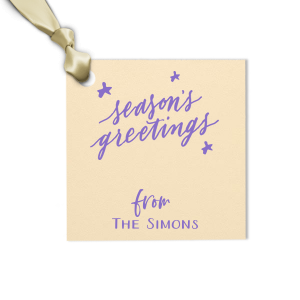 Personalized Natural Frost White Luggage Gift Tag with Shiny Rose Quartz Foil has a Season's Greetings graphic and is good for use in Words, Holiday, Christmas themed parties and will give your party the personalized touch every host desires.