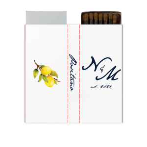 Give your guests a memorable wedding favor with this matchbox! Featuring a watercolor lemon graphic, this custom matchbox can be personalized with the date and location of your wedding. 