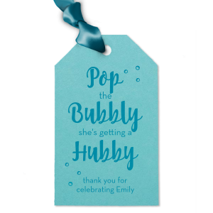 Say thank you with a bottle of bubbly to go, tied with this adorable personalized gift tag. Just choose your bridal shower or bachelorette theme colors and add the bride's name for a lovely hostess touch!