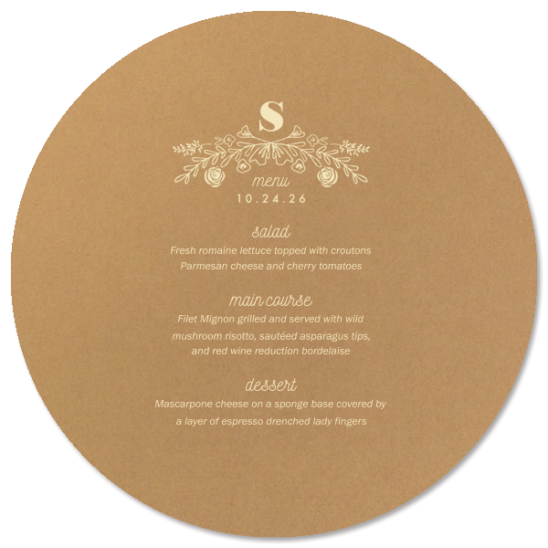 Present a feast for the eyes with the Rose Laurel Menu, crowned by an arch of hand-drawn blooms and foliage. Thirteen lines await your gourmet selections, framing each course with an air of elegance befitting the finest gatherings.