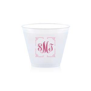 ForYourParty's personalized 9 oz Frost Flex Cup with Matte Fuchsia Ink has a Rococo Frame graphic and classic 3 letter monogram is good for use in Wedding, Anniversary and Birthday themed parties and are a must-have for your next event—whatever the celebration!