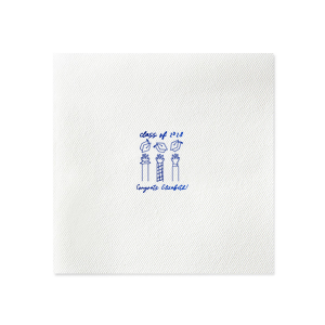Mark the occasion with the Celebration Caps Line Art Napkin, where the graduate's name and year take flight in a beautiful script, amidst a modern line drawing of three arms joyously tossing graduation caps skyward. A stylish symbol of success for any graduation party.