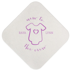 Our custom Eggshell Square Coaster with Satin Plum Foil Color has a Onesie graphic and is good for use in Baby Shower themed parties and can't be beat. Showcase your style in every detail of your party's theme!