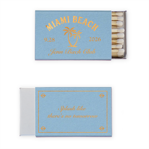Set the mood for seaside fun with the Bachelorette Beach Party Splash Matchbook, personalized with the bachelorette's name in a graceful script, the date, and location of the celebration, accented by a palm tree graphic. The reverse side inspires with "Splash like there's no tomorrow" framed for a memorable touch to "The Last Splash" festivities.
