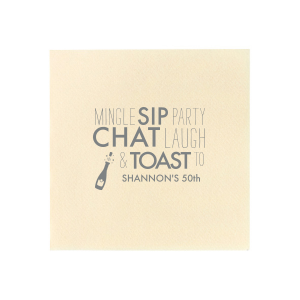 Celebrate every moment with the Mingle, Sip, Party, Toast To Napkin, a dynamic design where bold words leap off the fabric, complemented by an exuberant champagne bottle illustration. This napkin promises a whirlwind of laughter, conversation, and clinking glasses at any festive gathering.