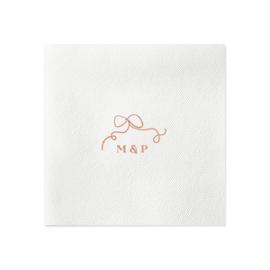 Embrace the essence of your wedding day with the Loopy Love Bow Napkin, customized with the couple's initials and adorned with a unique loopy bow graphic. A playful yet elegant touch for your matrimonial celebration.