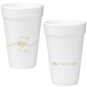 Our custom Gold Ink 16 oz Styrofoam Cup with Gold Ink Cup Ink Colors has a Peony Flourish 2 graphic and a HandWreathRSVP graphic and is good for use in Lovely Press themed parties and can be customized to complement every last detail of your party.