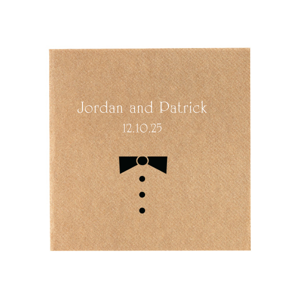 Personalized Kraft Cocktail Napkins - 2 Color with Matte White Foil and Matte Black Foil has a Tux graphic and is good for use in Trendy and Wedding themed parties and will make your guests swoon. Personalize your party's theme today.