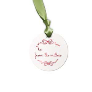 The beautiful Holiday Bow Tag makes a wonderful addition to any gift this holiday season. The simple and classic bow design is wrapped around custom text, making for memorable gift tags that add further personalization to your holiday presents. 