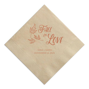 Set the table for romance amongst the falling leaves with the Fall in Love Napkin. Graceful script and autumn foliage capture the essence of the season, while the couple's details beneath seal the sentiment for your harvest celebration.