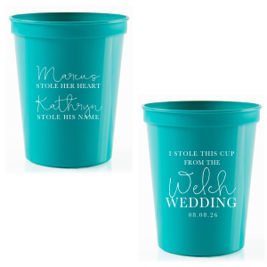 ForYourParty's elegant Teal 16 oz Stadium Cup with Matte White Ink will give your party the personalized touch every host desires.