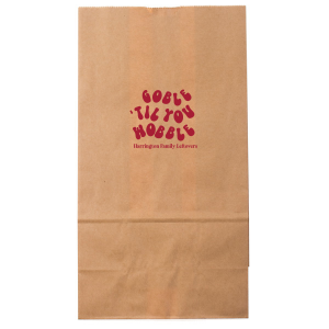 Leave no guest empty handed with the Gobble Til You Wobble Bag. Available in a variety of styles and sizes to show off your good taste while being customizable to suite your needs. From party stuffer gift bags to reusable leftover carriers, these bags will have guests thankful to call you friend!