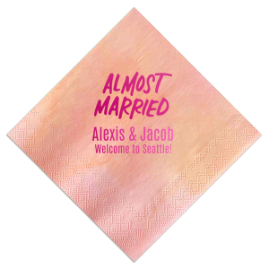 The Almost Married Napkin design exudes excitement and anticipation for an impending wedding. Featuring "ALMOST MARRIED" in bold, all caps for impact, it's perfect for destination weddings. Below, the couple's names and a welcoming note to the city add a personalized and inviting touch. Whether in welcome bags, at the rehearsal dinner or other prenuptial festivity, this Almost Married napkin customized with the bride and groom's names and destination is sure to be unforgettable.