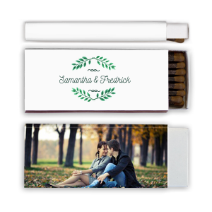 Personalized White Classic Custom Photo Matchbox with Matte Spruce Ink Digital Print Colors and Matte Moss Green Ink Digital Print Colors can be personalized to match your party's exact theme and tempo.