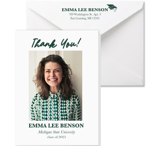 Personalize this graduation note card with a photo of the graduate, their school, and class date. A custom graduation note card is a thoughtful memento to give to your loved ones. 