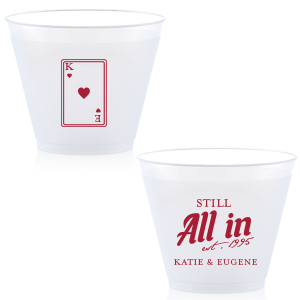Celebrate lasting love with the Playing Card Still All In Anniversary Cup. One side adorns a hearts playing card graphic, personalized with your initials. The other side is inscribed with "Still All In," alongside the celebratory year and the couple's names, symbolizing a winning hand in marriage.