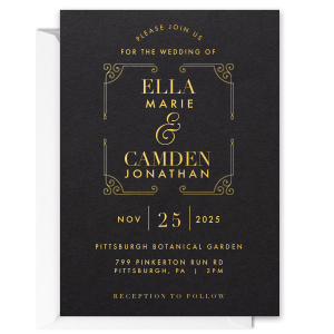 Present a declaration of love with the Regal Wedding Invitation, where an opulent scrolling frame heralds the couple's names. This stately design speaks volumes, promising a wedding event steeped in splendor and royal elegance befitting the momentous occasion.