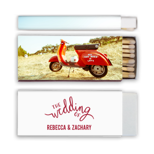 ForYourParty's personalized White Square Custom Photo Matchbox with Matte Lipstick Red Ink Digital Print Colors and Matte Slate Gray Ink Digital Print Colors has a The Wedding Of graphic and is good for use in Words, Wedding themed parties and will impress guests like no other. Make this party unforgettable.