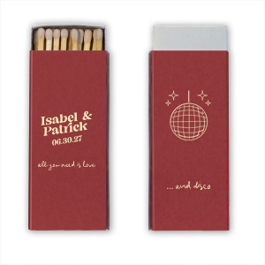 Light up the dance floor with the Love and Disco Wedding Matchbook, where retro meets romance. One side features the couple's names and the date of the event, slanting above the timeless "all you need is love" in a flowing script. The flip side keeps the beat with "...and disco," underscored by a dazzling disco ball and sparkles, ensuring your wedding strikes just the right note.