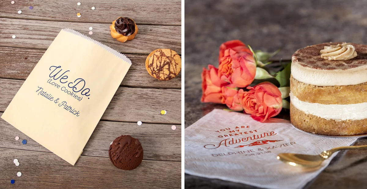 personalized cocktail napkins for weddings, custom votive candles for weddings, personalized favor bags for weddings