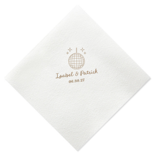 Celebrate your union under the mirrored lights with the Groovy Glitz Wedding Napkin. This festive design features a sparkling disco ball and twinkling sparkles, setting a lively mood. Add a personal touch with the couple's names elegantly scripted above, and the wedding date in a polished serif font below, for a chic nod to your unforgettable evening.