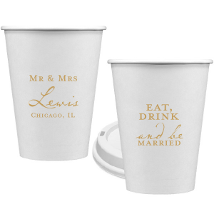 Our personalized Gold Ink 12 oz Paper Coffee Cups with Lid with Gold Ink Cup Ink Colors will impress guests like no other. Make this party unforgettable.