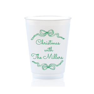 Let seasonal spirits overflow this year with the Holiday Bow Ribbon Cup. The festive design is paired with custom text, perfect for family holiday parties or nearly other festive function. 