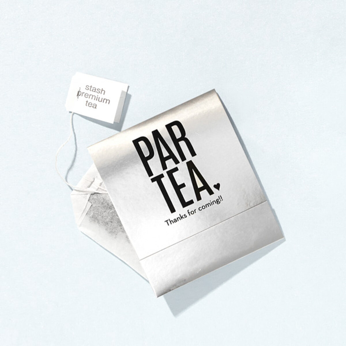 Shiny Silver tea favor package with black foil stamped par-tea design
