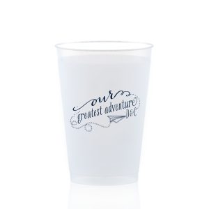 Embark on a journey of celebration with the Our Greatest Adventure Couples Cup. This imaginative design features a paper airplane soaring from "our" into a swirling adventure around "greatest adventure," accented by the couple's initials. Perfect for adding a splash of excitement and movement to your party!