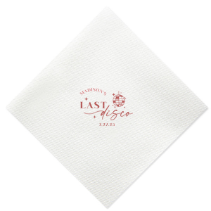 Celebrate the bride to be's last disco! This trendy disco themed bachelorette party is perfect for dancing the night away. Featuring a disco ball graphic, you can customize this napkin with a date and the name of the bride.
