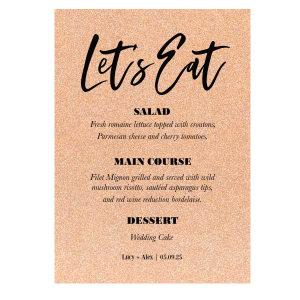 Our beautiful custom Glitter Rose Copper Circle Menu with Matte Black Foil are a must-have for your next event—whatever the celebration!