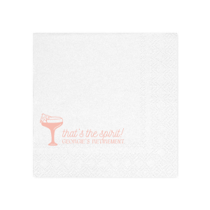 Embrace good vibes with the That's The Spirit Napkin, perfect for any festive occasion. The design showcases a delightful cocktail complete with a tiny umbrella, while the phrase "That's the Spirit!" in flowing script captures the essence of celebration. Personalize with your name below, making it ideal for birthday bashes, retirement send-offs, or wedding receptions.